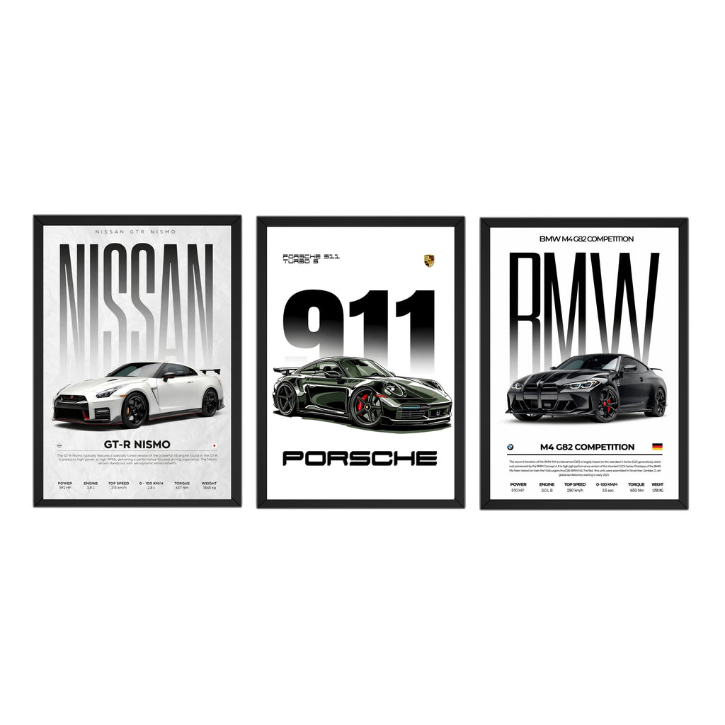 Luxury Supercar Wall Photo Frame Set | BMW M4, Porsche 911 & Nissan GTR Nismo | 300 DPI HD Print