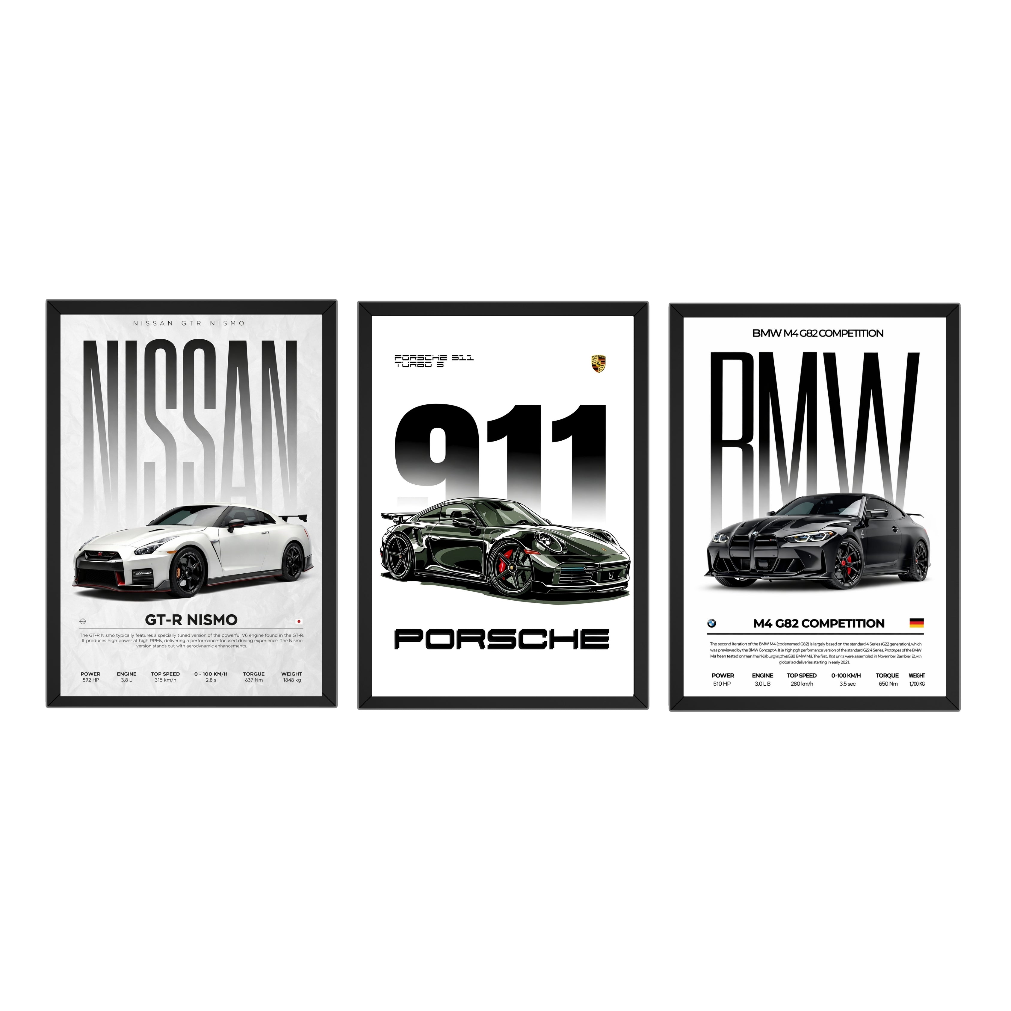 Luxury Supercar Wall Photo Frame Set | BMW M4, Porsche 911 & Nissan GTR Nismo | 300 DPI HD Print