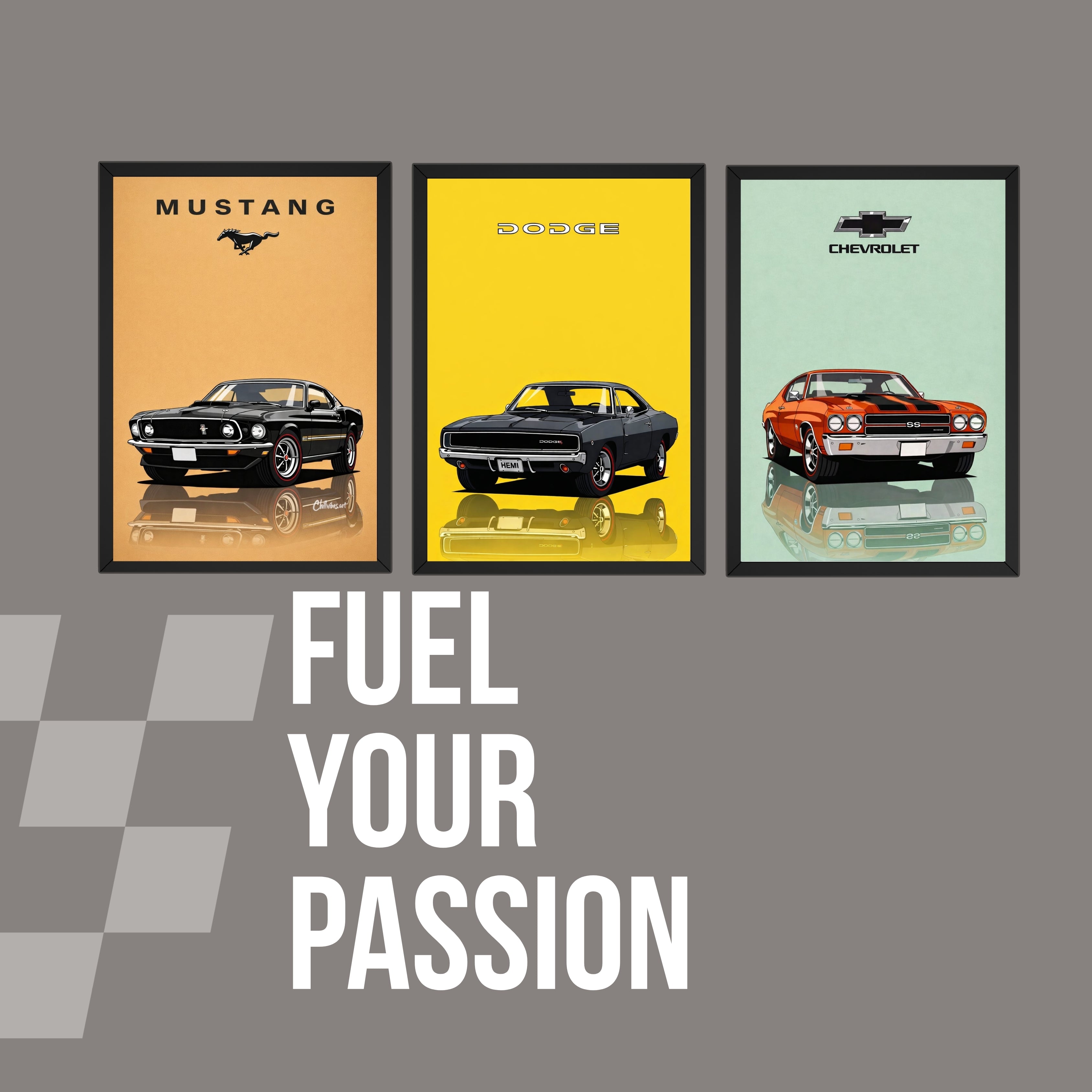 Classic Muscle Car Wall Art – 3 Panel Picture Frame Set (9 × 13 Inch) Turagstudio