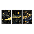 Starry Night Cat Wall Art – 3 Panel Artwork Framed Set (9×13 Inch Each)