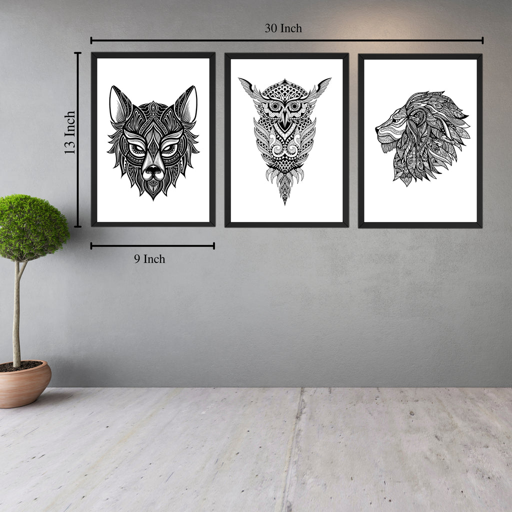 Mandala Animal Wall Art Frame Set (3 Panels) – Wolf, Owl & Lion Illustration, 9×13 Inch