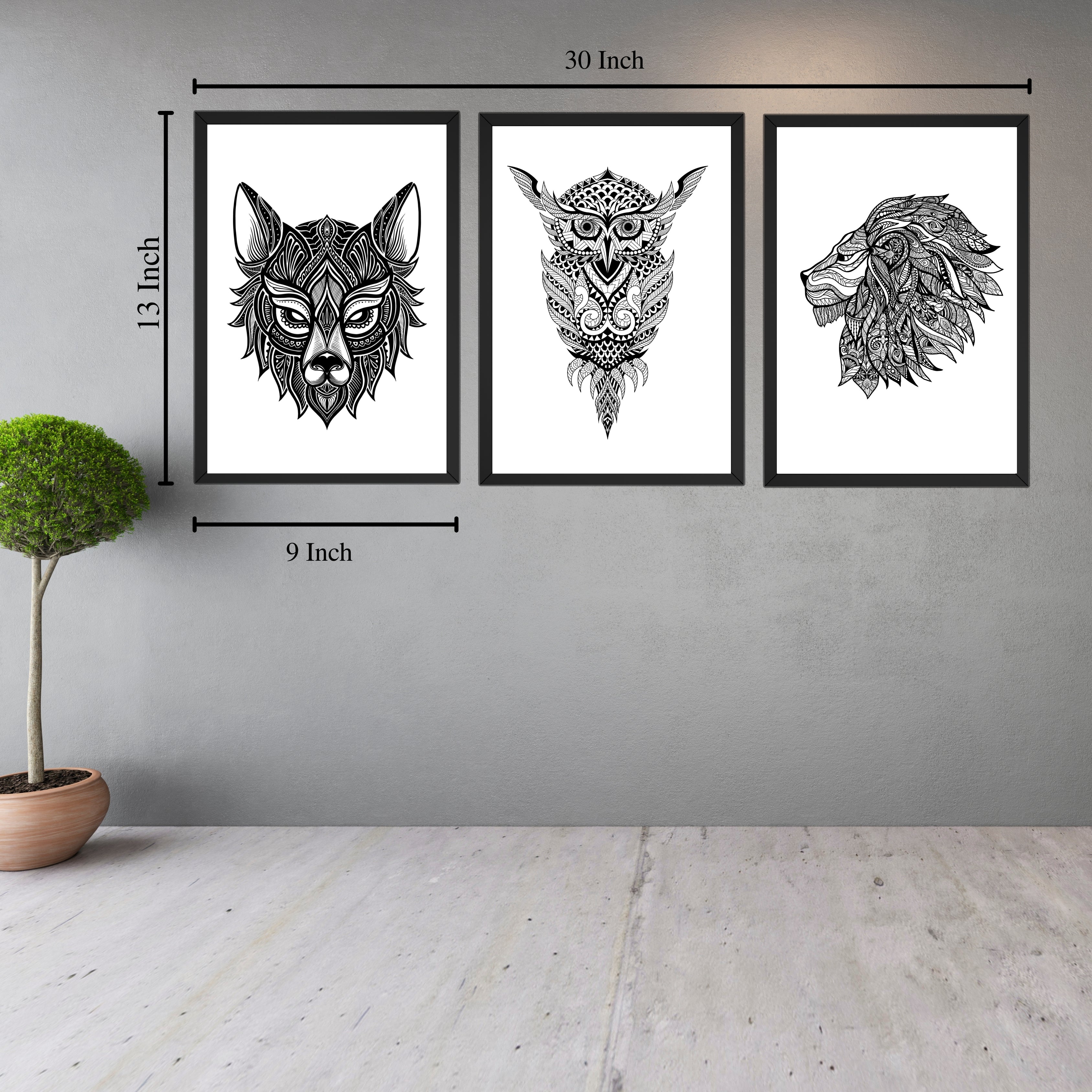 Mandala Animal Wall Art Frame Set (3 Panels) – Wolf, Owl & Lion Illustration, 9×13 Inch