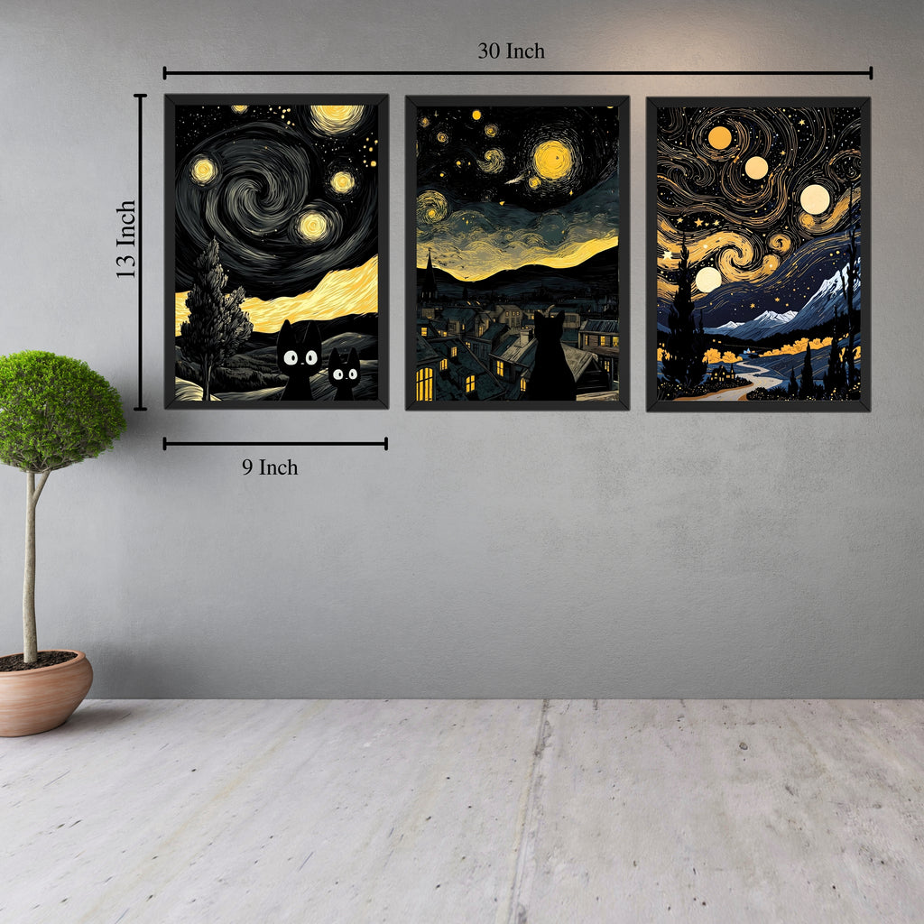 Starry Night Cat Wall Art – 3 Panel Artwork Framed Set (9×13 Inch Each)