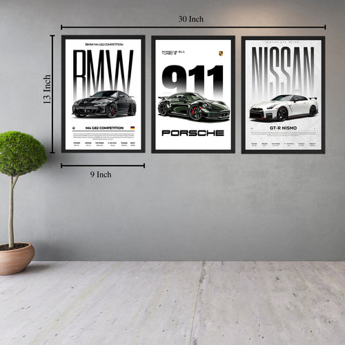 Luxury Supercar Wall Photo Frame Set | BMW M4, Porsche 911 & Nissan GTR Nismo | 300 DPI HD Print