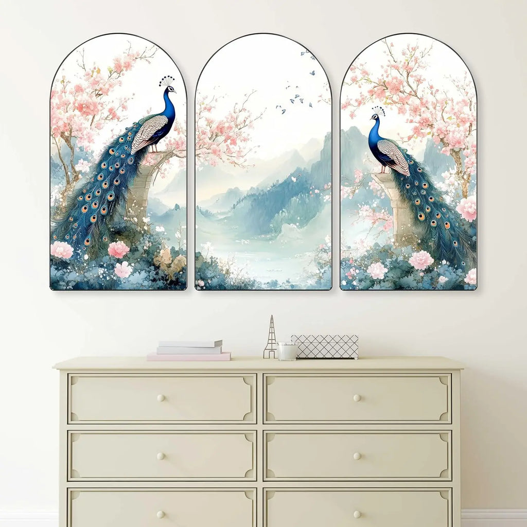 Peacock Wall Art Panel Set | 3-Piece MDF Panel With Sparkle Print Turagstudio