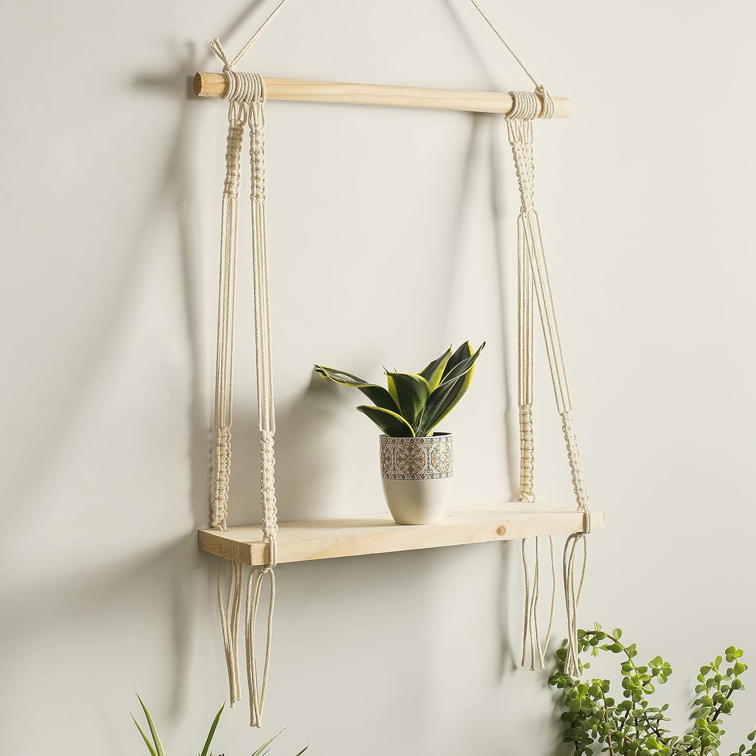 Macramé Wall Hanging Shelf Pine Wood Floating Shelve