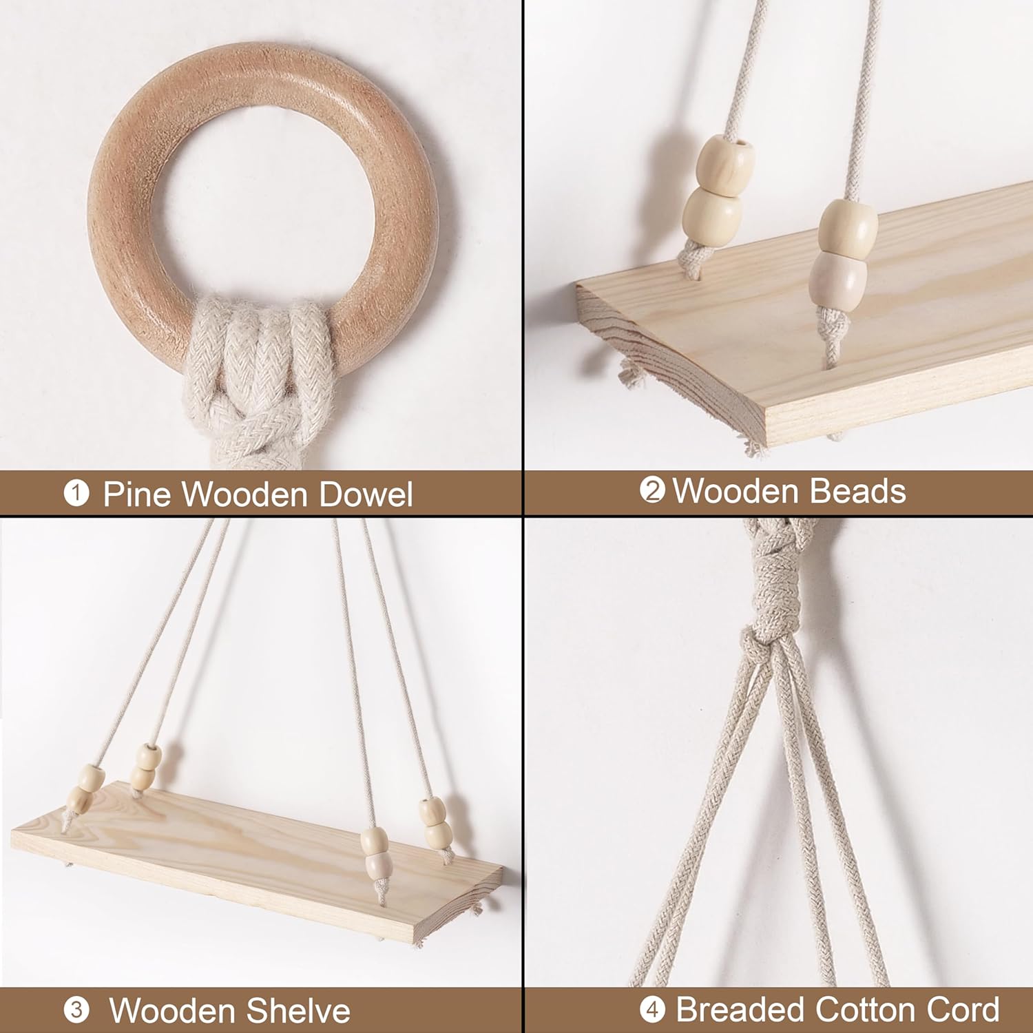 Macrame Wall Hanging Shelf Wood Floating Shelves with Wooden Dowel