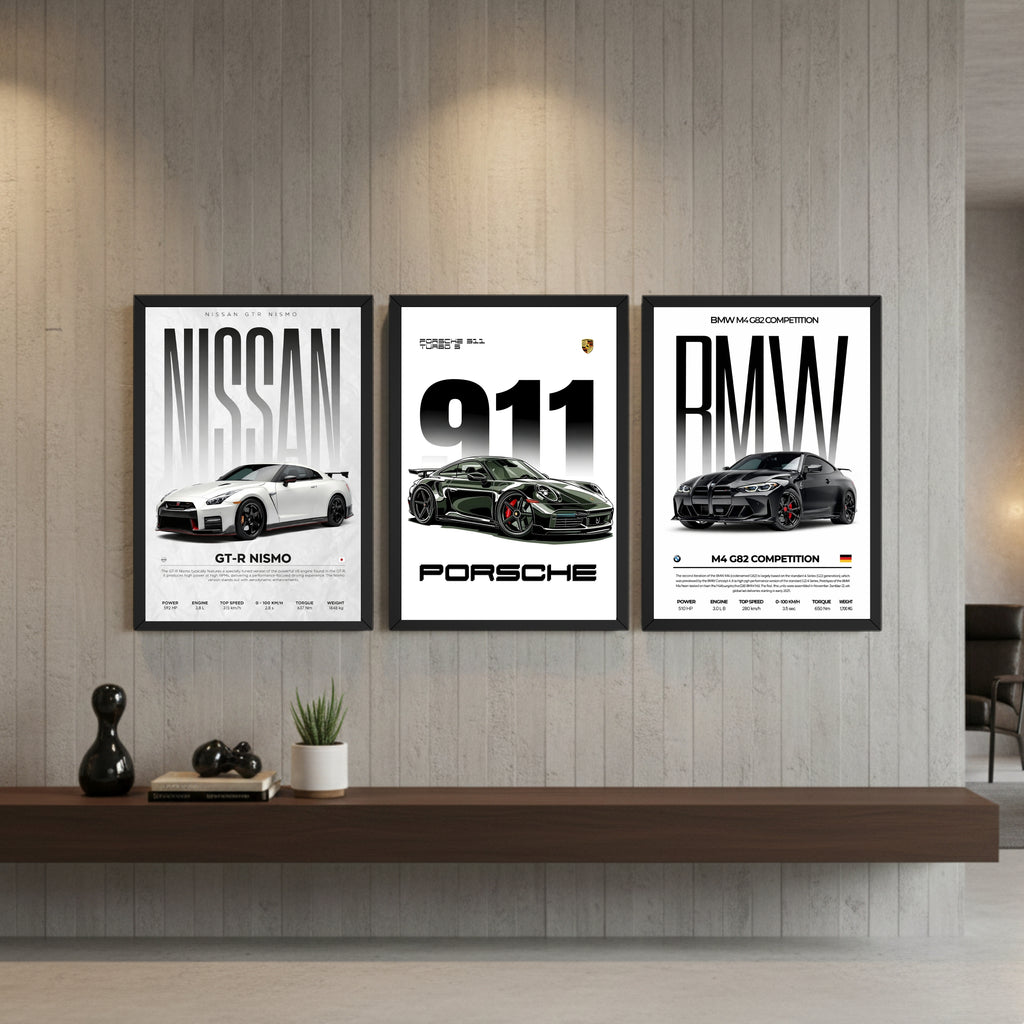 Luxury Supercar Wall Photo Frame Set | BMW M4, Porsche 911 & Nissan GTR Nismo | 300 DPI HD Print