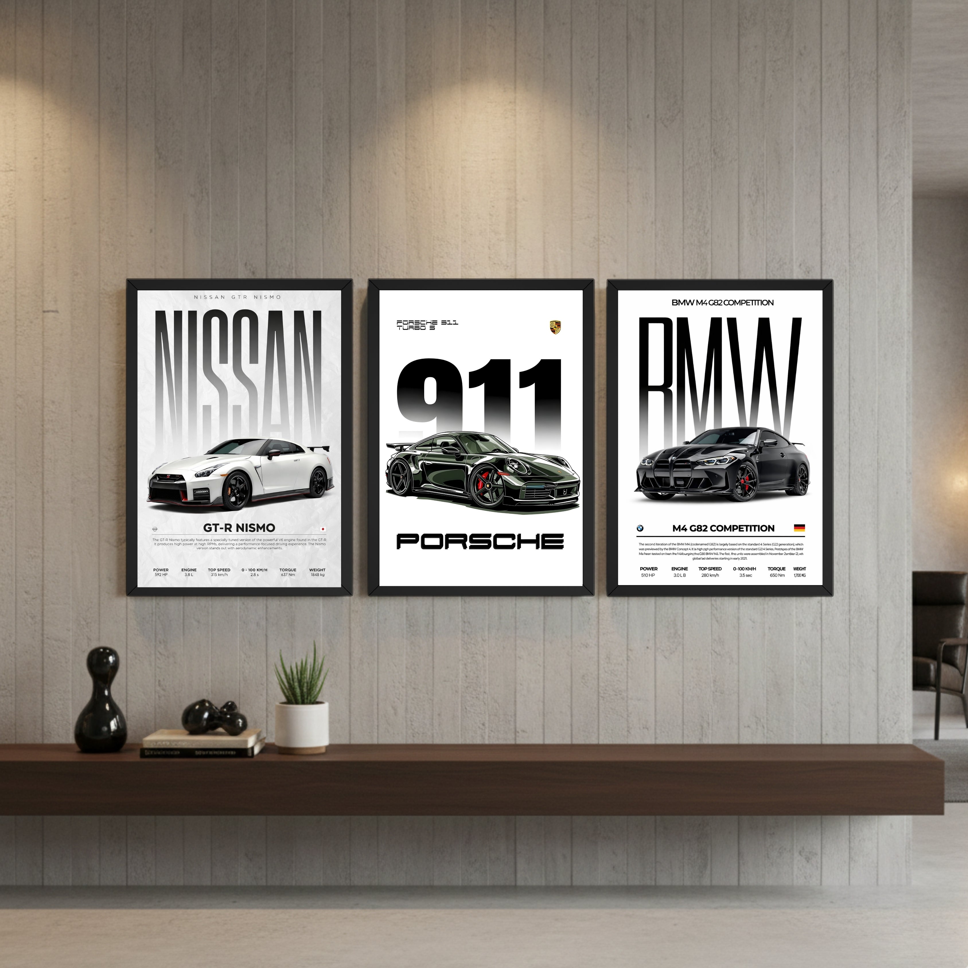 Luxury Supercar Wall Photo Frame Set | BMW M4, Porsche 911 & Nissan GTR Nismo | 300 DPI HD Print