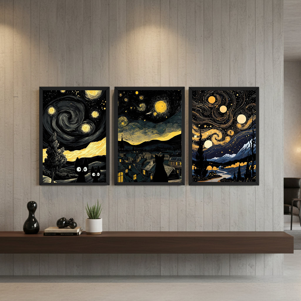 Starry Night Cat Wall Art – 3 Panel Artwork Framed Set (9×13 Inch Each)