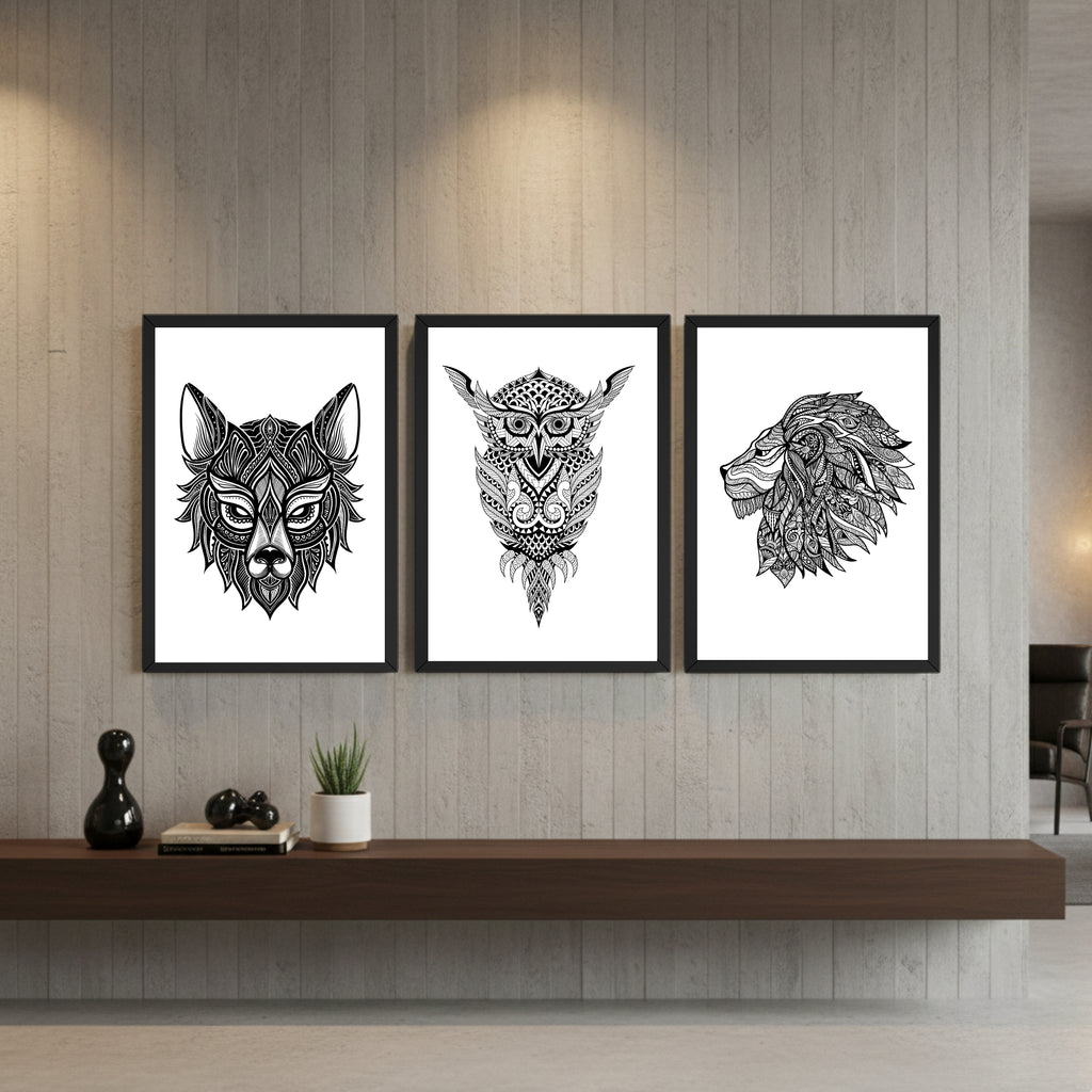 Mandala Animal Wall Art Frame Set (3 Panels) – Wolf, Owl & Lion Illustration, 9×13 Inch