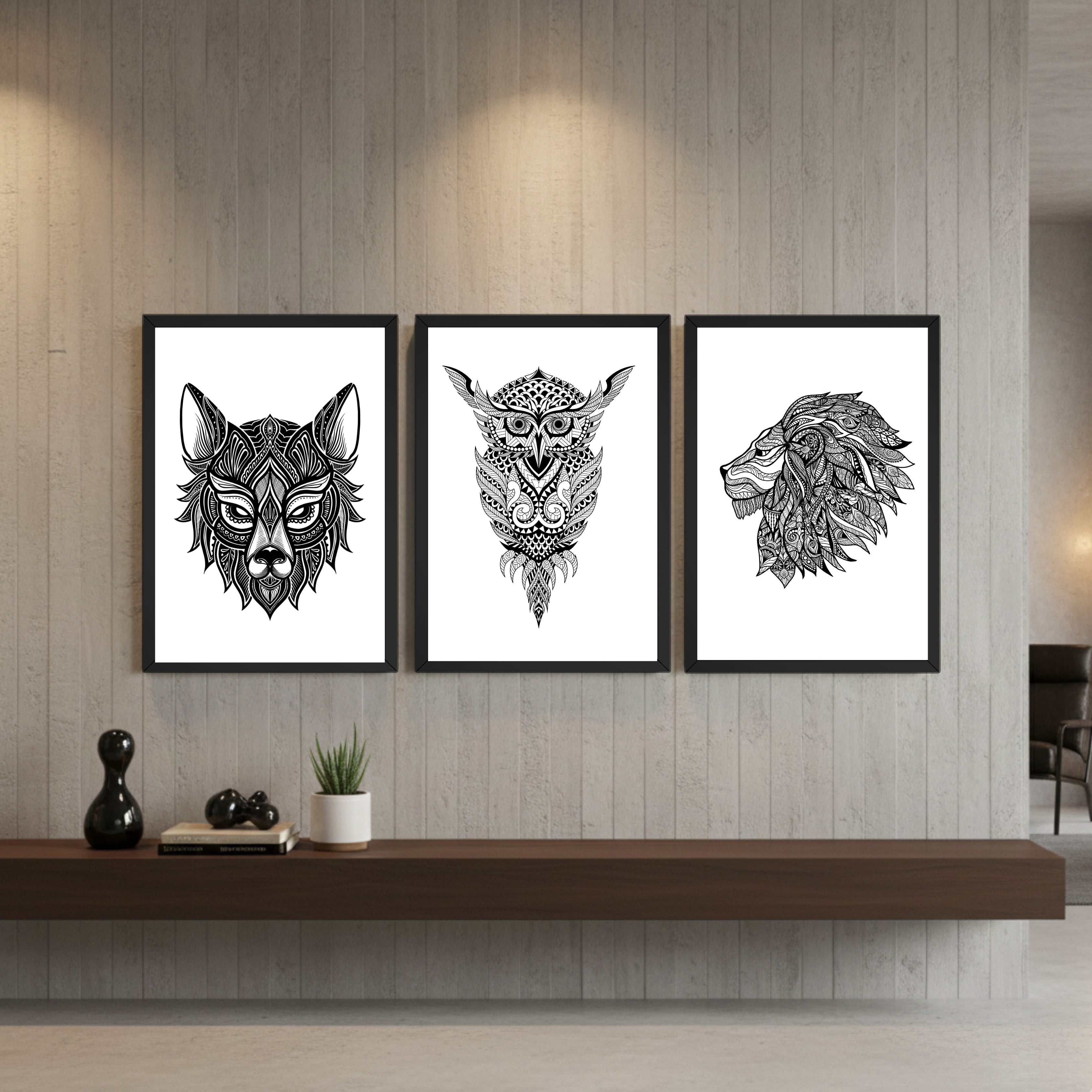 Mandala Animal Wall Art Frame Set (3 Panels) – Wolf, Owl & Lion Illustration, 9×13 Inch