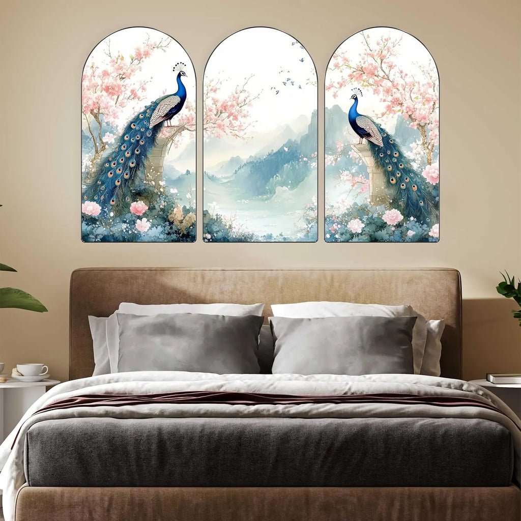 Peacock Wall Art Panel Set | 3-Piece MDF Panel With Sparkle Print Turagstudio