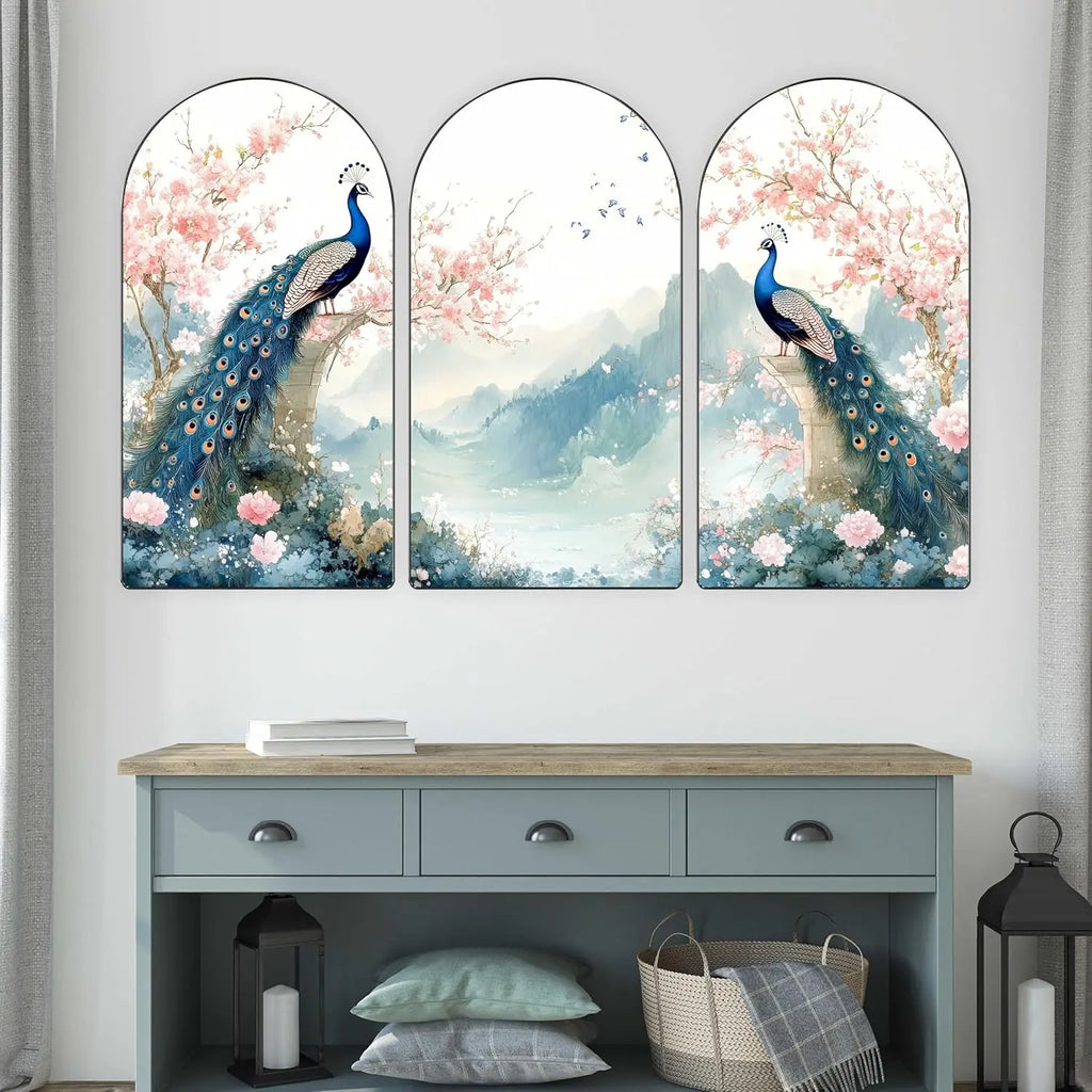 Peacock Wall Art Panel Set | 3-Piece MDF Panel With Sparkle Print Turagstudio