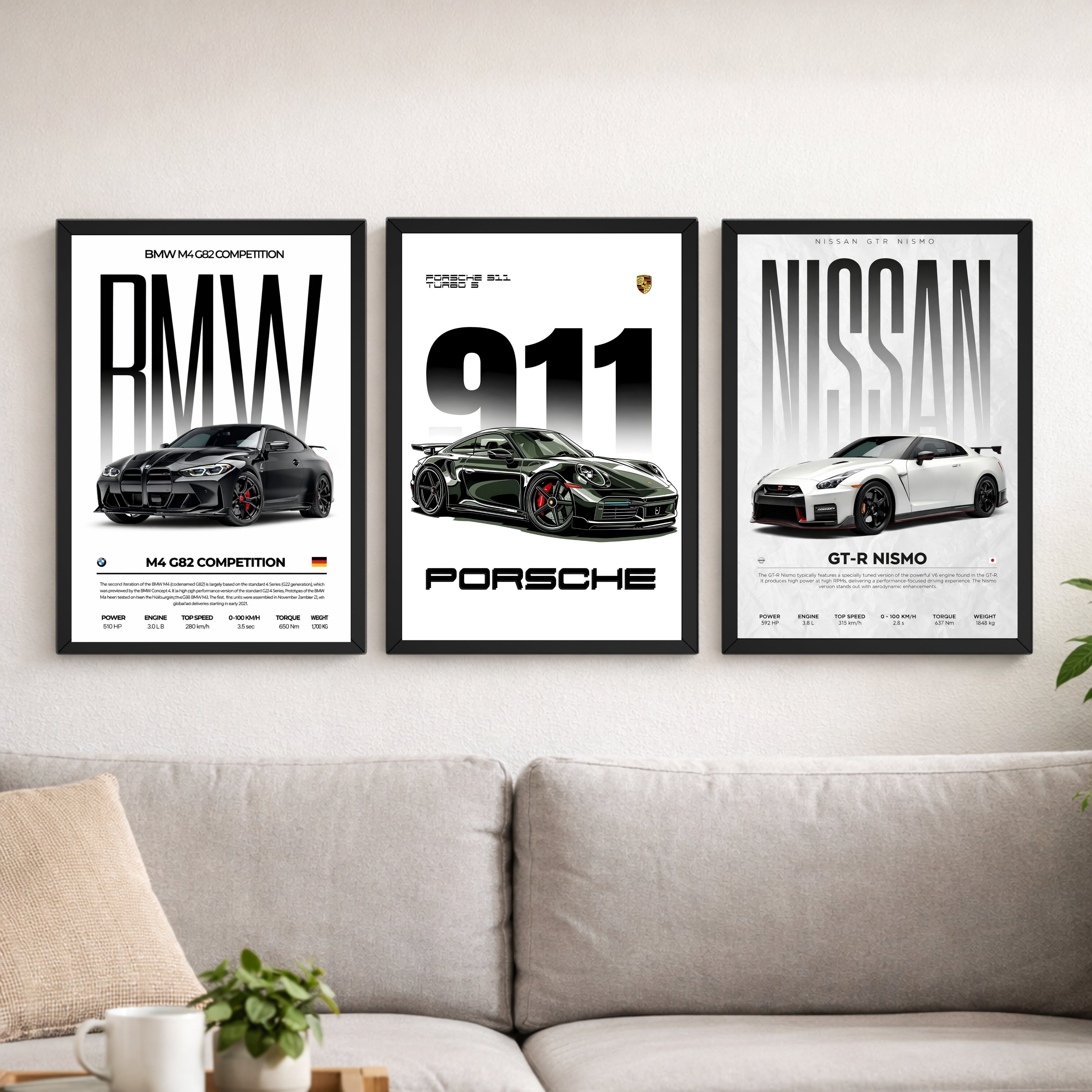 Luxury Supercar Wall Photo Frame Set | BMW M4, Porsche 911 & Nissan GTR Nismo | 300 DPI HD Print