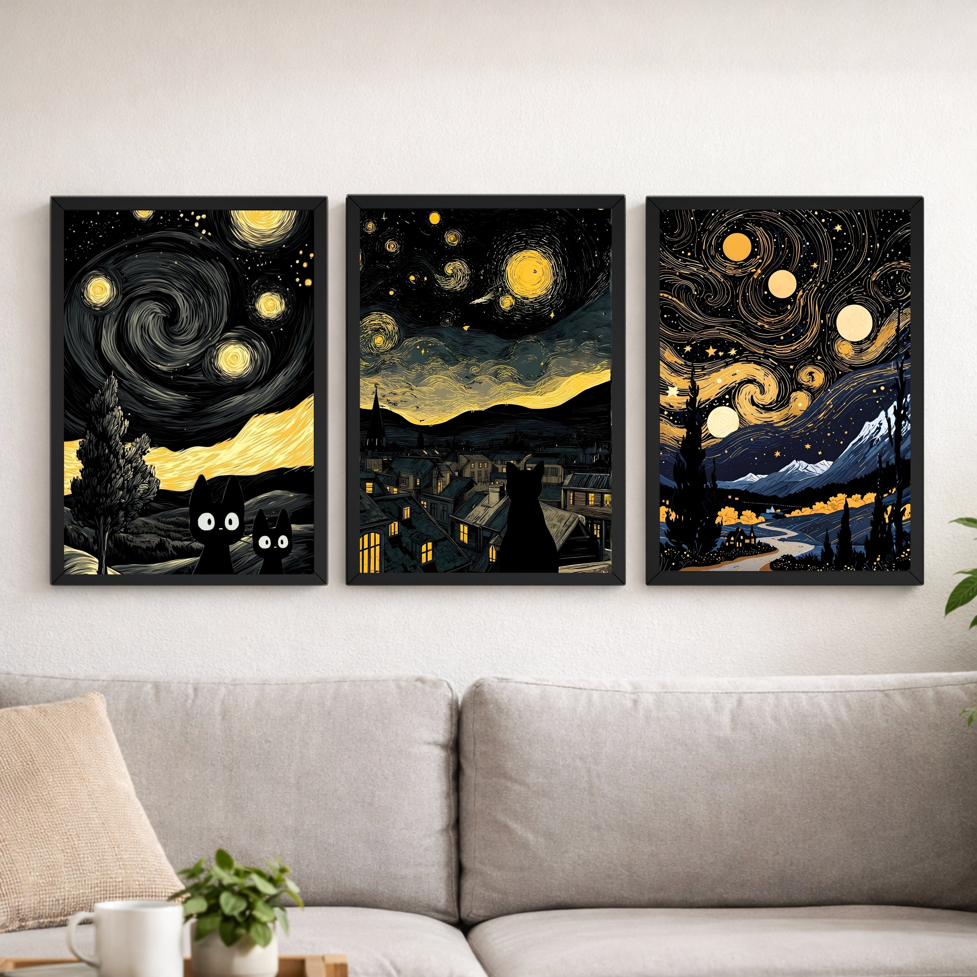 Starry Night Cat Wall Art – 3 Panel Artwork Framed Set (9×13 Inch Each)