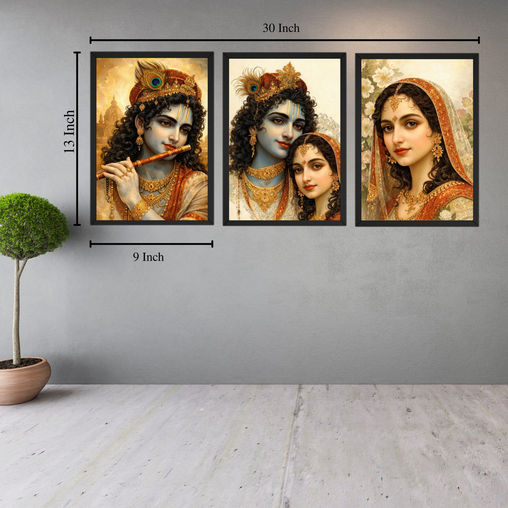 Radha Krishna 3 Frame Wall Art Combo | 9×13 Inch Premium HD Photo Frames for Home & Mandir Décor