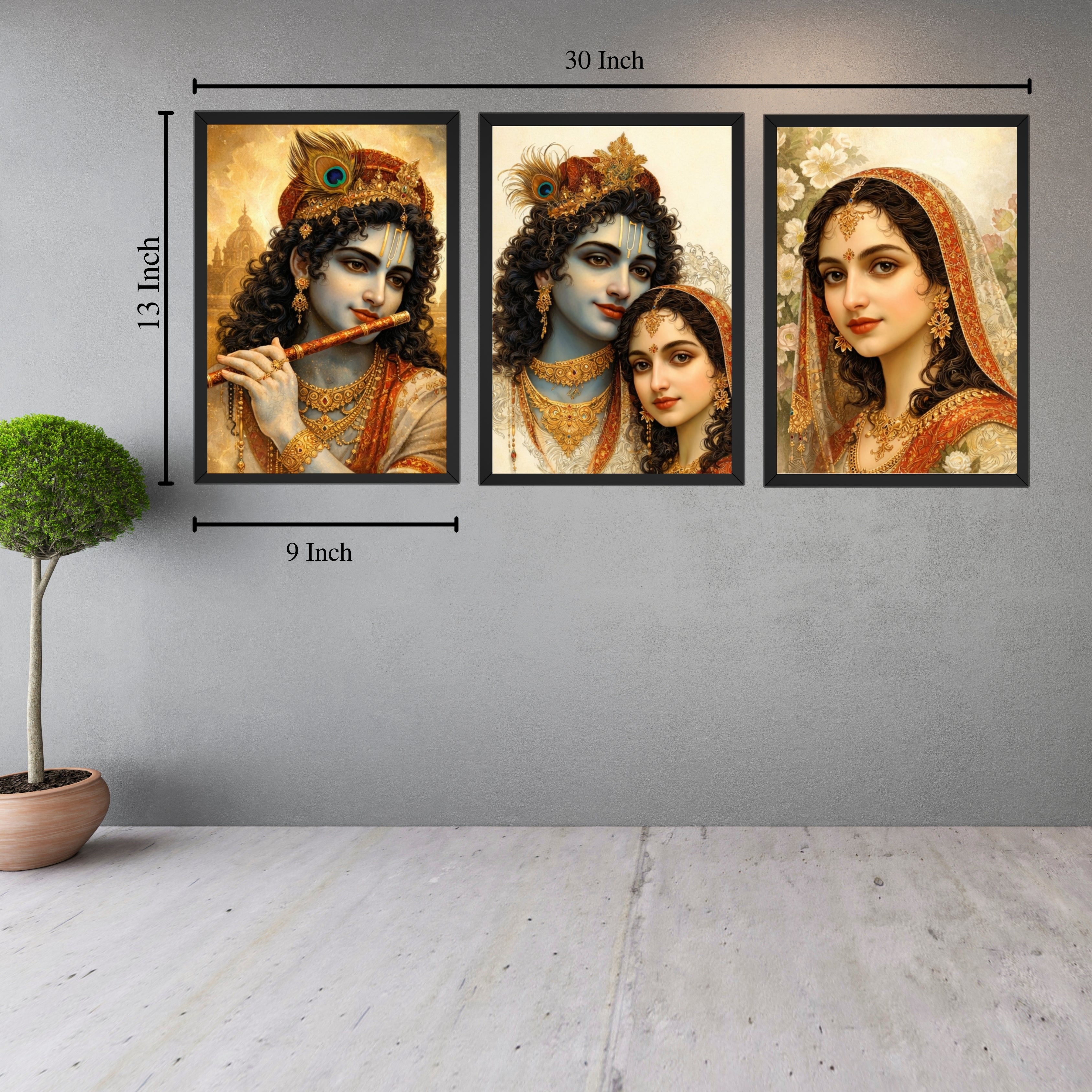 Radha Krishna 3 Frame Wall Art Combo | 9×13 Inch Premium HD Photo Frames for Home & Mandir Décor