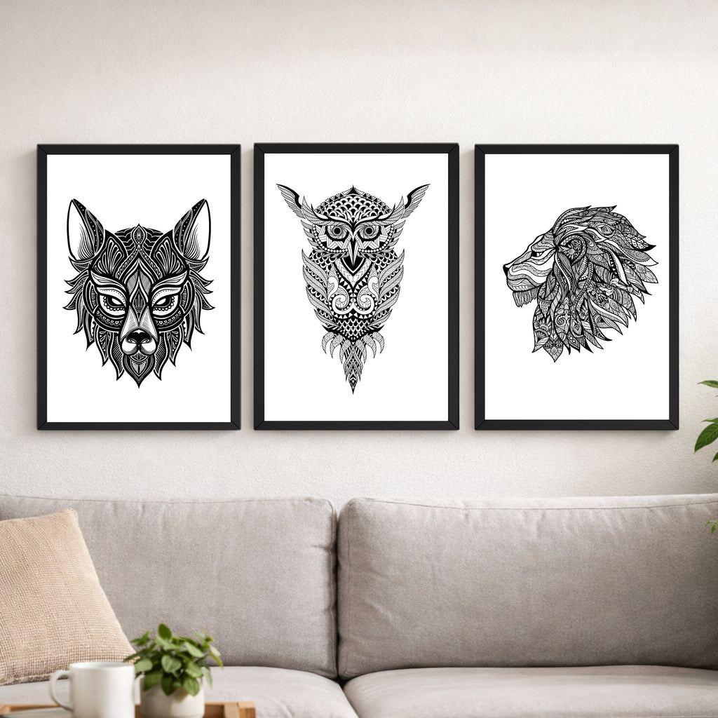 Mandala Animal Wall Art Frame Set (3 Panels) – Wolf, Owl & Lion Illustration, 9×13 Inch