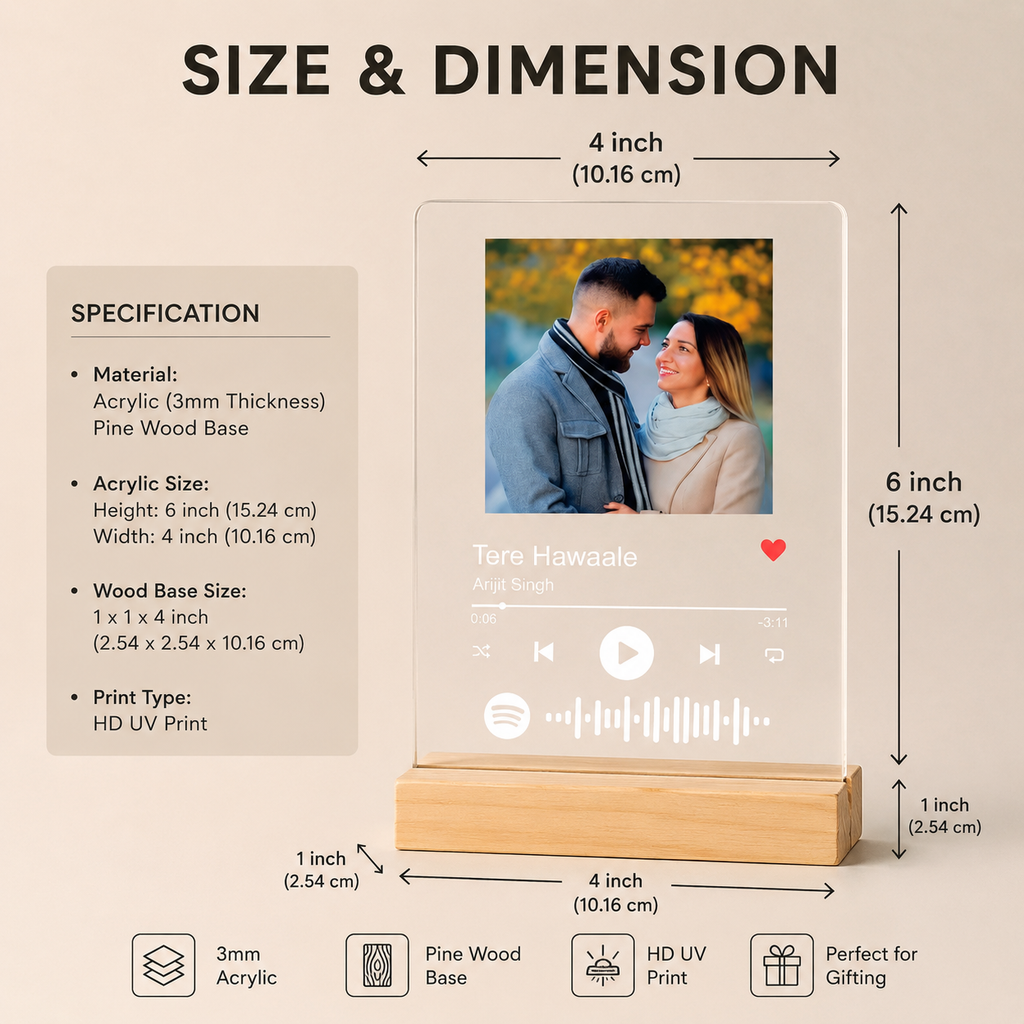 Personalized Spotify Plaque with Photo & Song – Custom Acrylic Music Frame with Wooden Base, Anniversary Gift for Couple, Romantic Valentine Gift, Customized Photo Song Plaque with QR Code