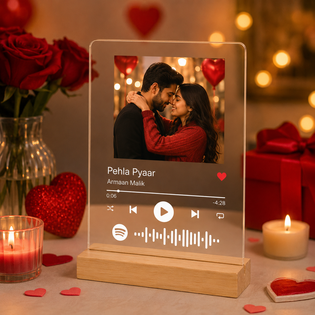 Personalized Spotify Plaque with Photo & Song – Custom Acrylic Music Frame with Wooden Base, Anniversary Gift for Couple, Romantic Valentine Gift, Customized Photo Song Plaque with QR Code