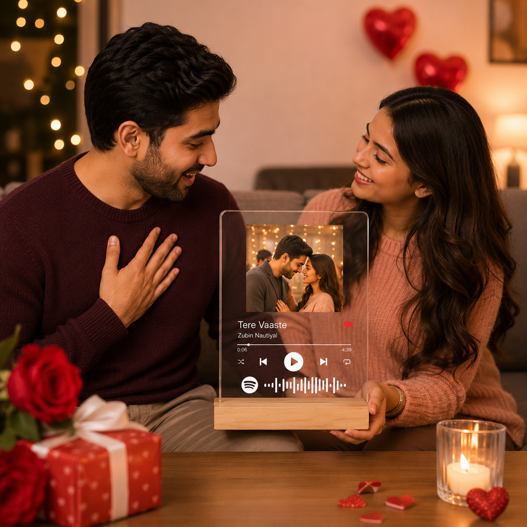Personalized Spotify Plaque with Photo & Song – Custom Acrylic Music Frame with Wooden Base, Anniversary Gift for Couple, Romantic Valentine Gift, Customized Photo Song Plaque with QR Code
