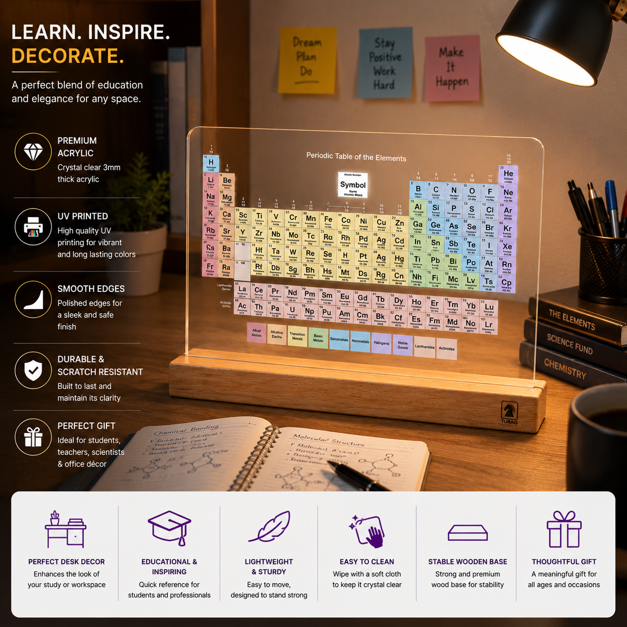 Periodic Table Acrylic Desk Showpiece with Wooden Base – Chemistry Student Gift | Turag