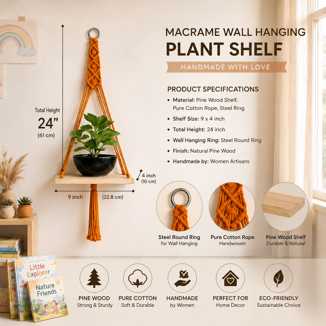 Handmade Macrame Wall Hanging Plant Shelf Pack of 3 | Pine Wood Hanging Shelf with Pure Cotton Rope | Boho Home Decor | 9 x 4 Inch