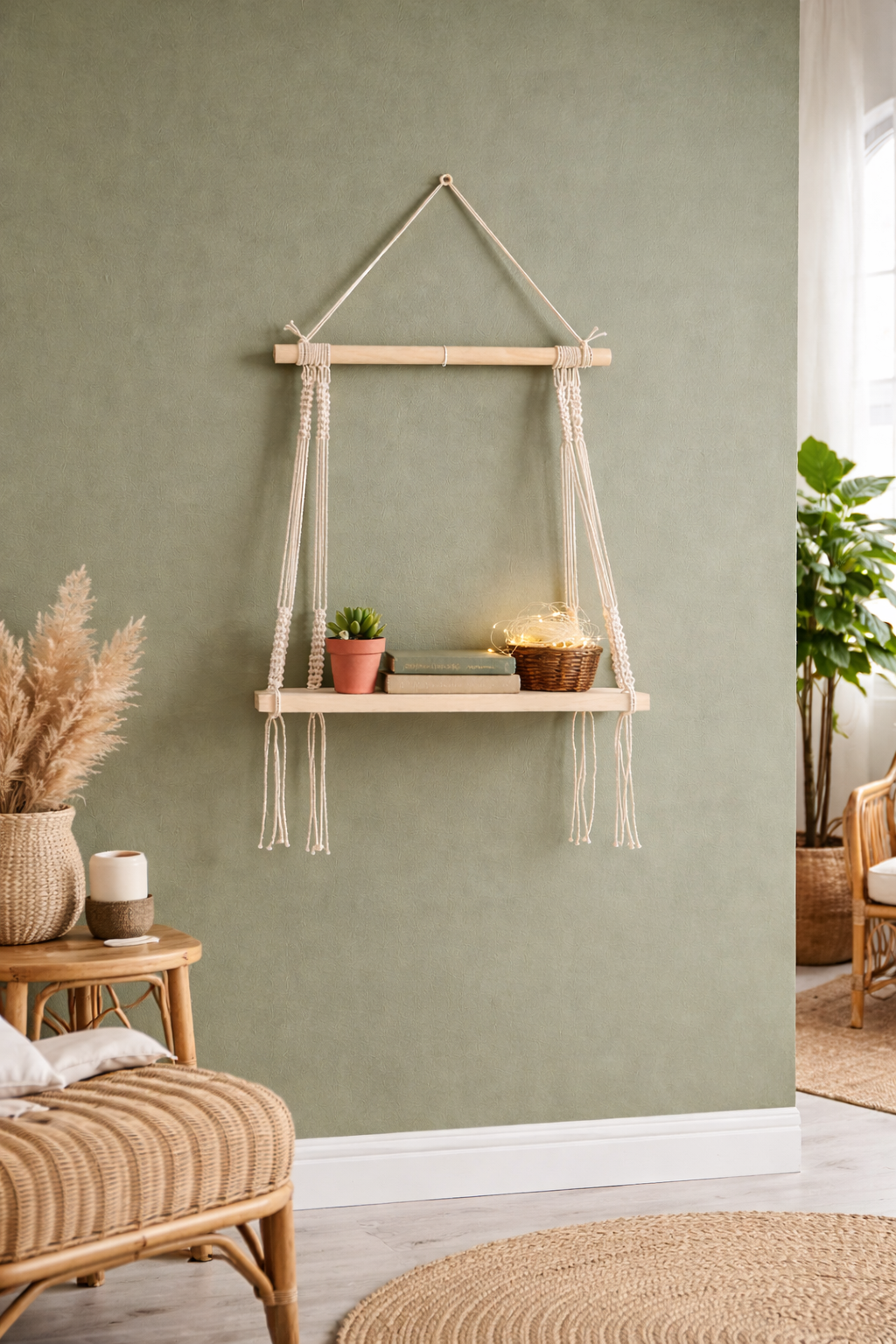 Macramé Wall Hanging Shelf Pine Wood Floating Shelve