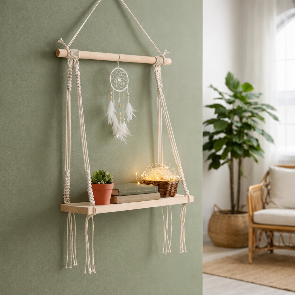 Macramé Wall Hanging Shelf Pine Wood Floating Shelve