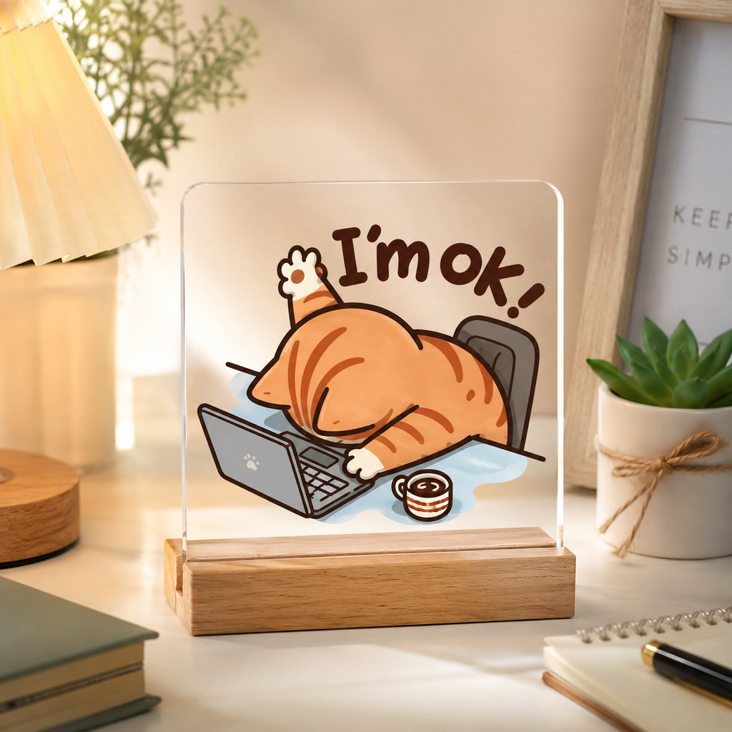 Funny 'I'm OK!' Cat Acrylic Desk Plaque – Wood Stand Showpiece