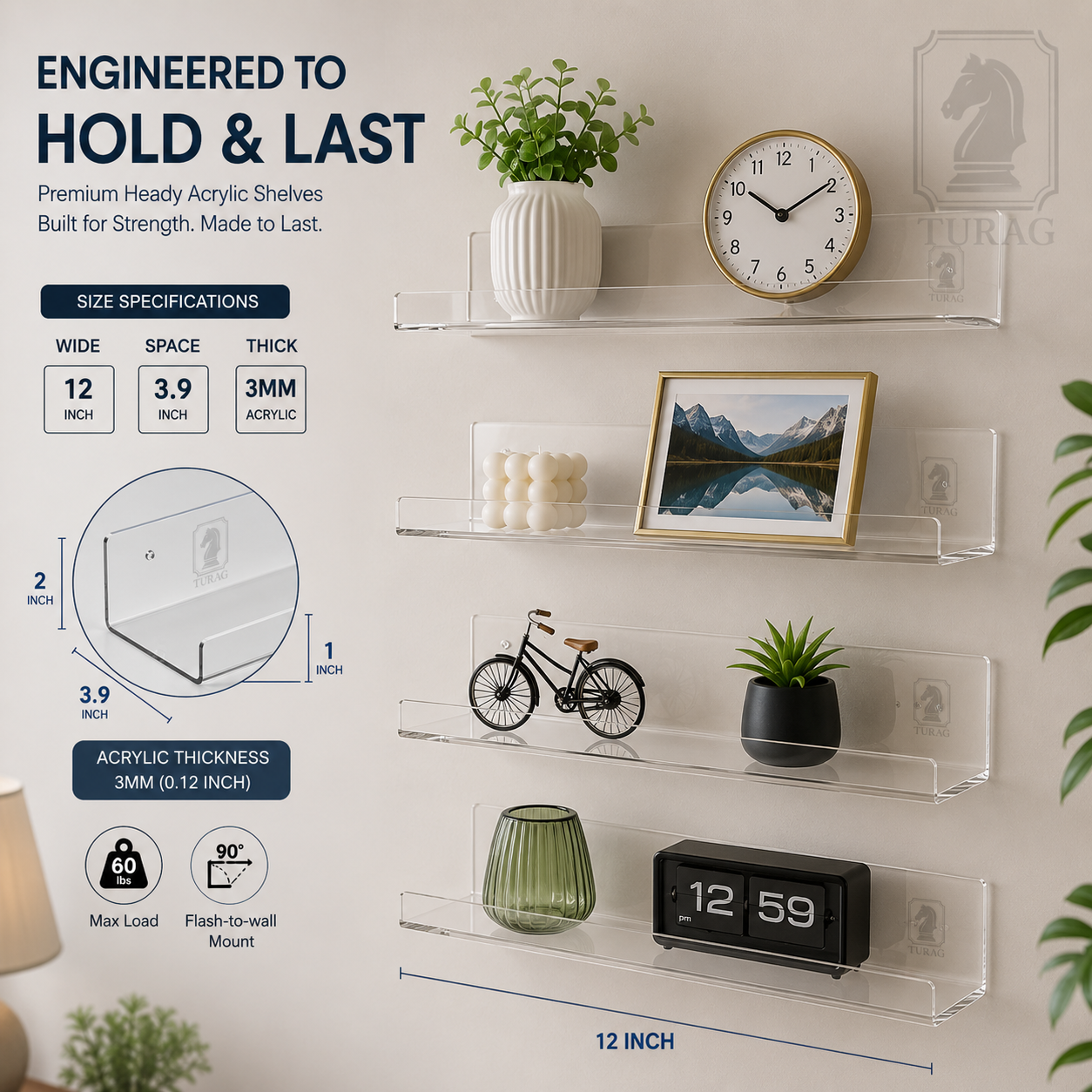 Acrylic Floating Wall Shelves – Heavy Duty Display Shelf for Home, Kitchen & Living Room | Turag