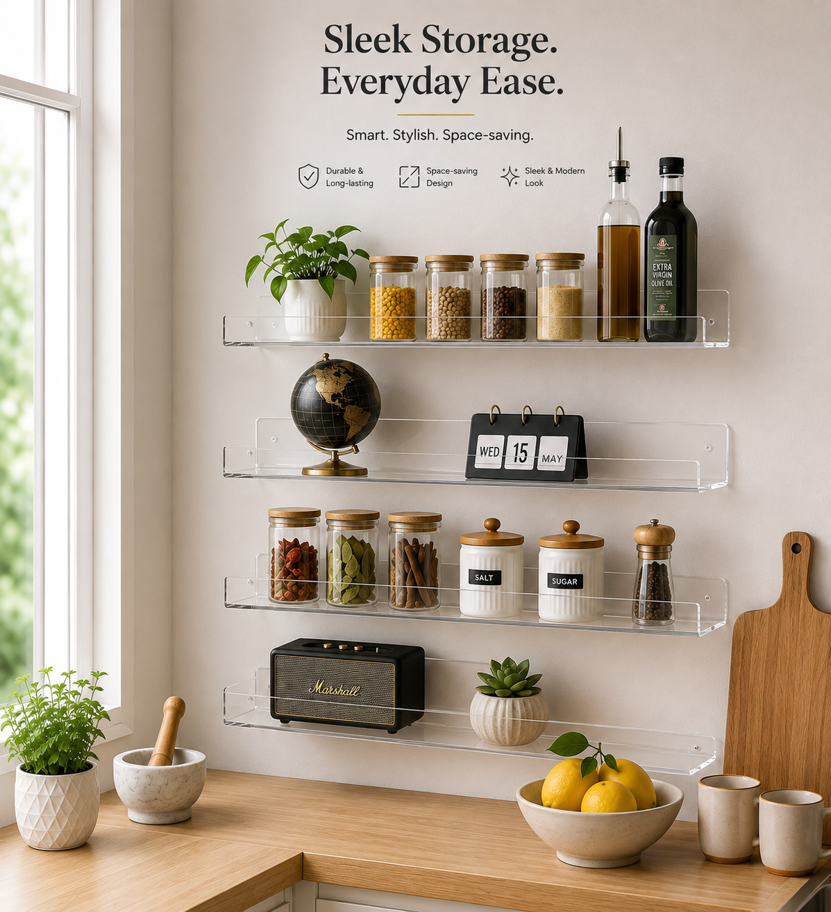 Acrylic Floating Wall Shelves – Heavy Duty Display Shelf for Home, Kitchen & Living Room | Turag