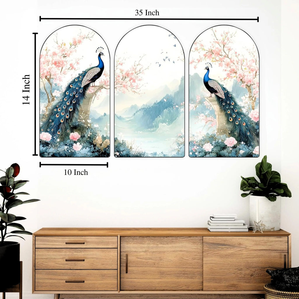 Peacock Wall Art Panel Set | 3-Piece MDF Panel With Sparkle Print Turagstudio