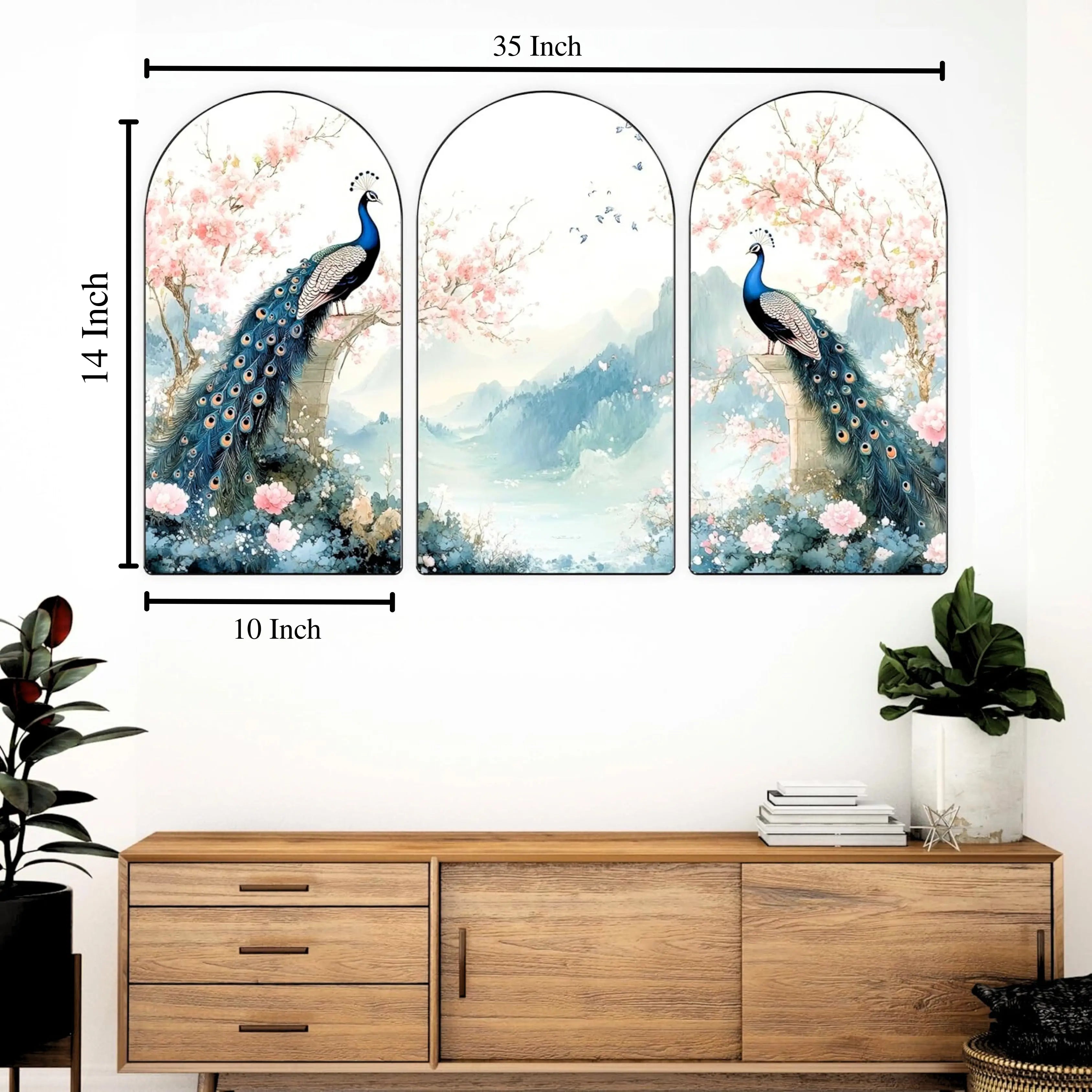 Peacock Wall Art Panel Set | 3-Piece MDF Panel With Sparkle Print Turagstudio