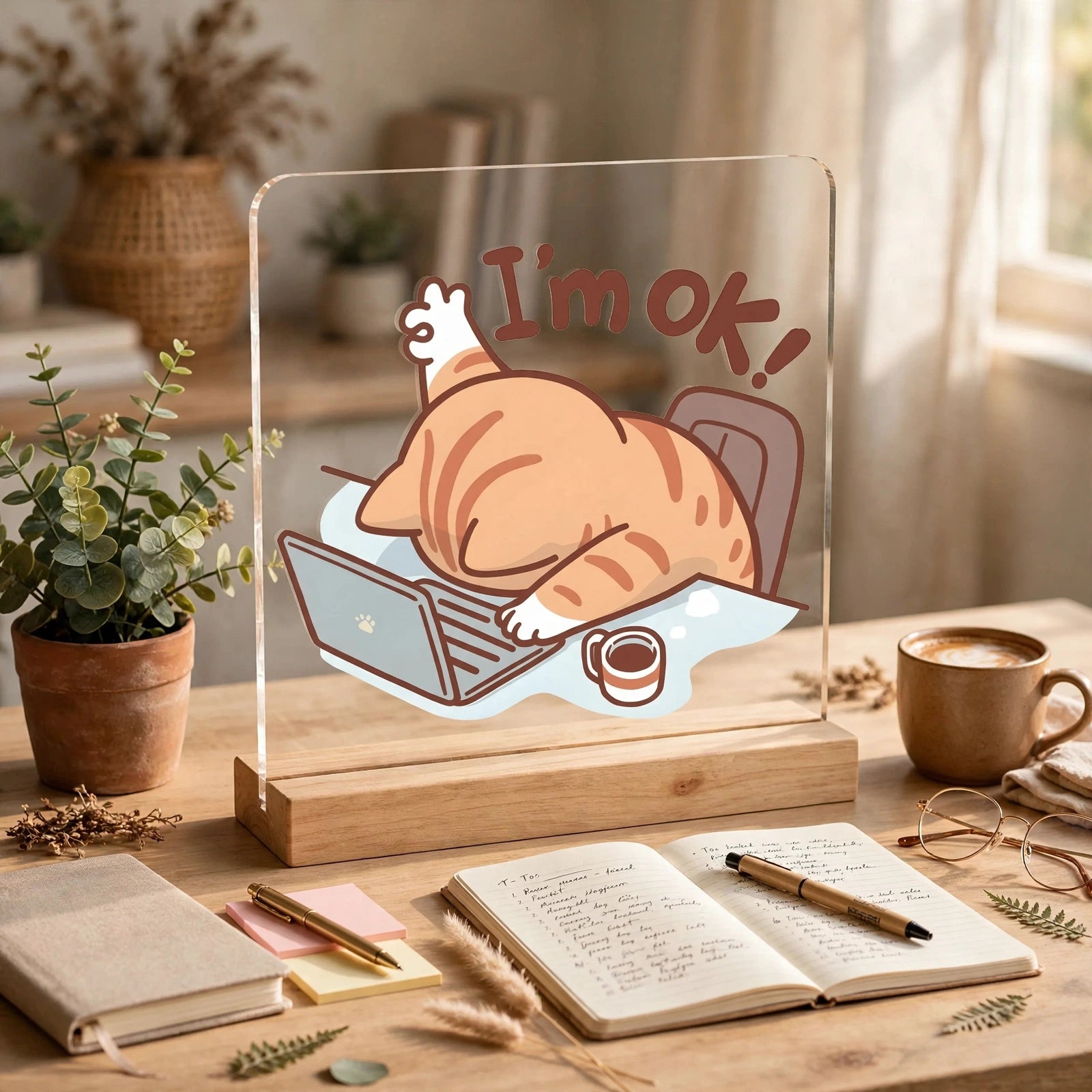 Funny 'I'm OK!' Cat Acrylic Desk Plaque – Wood Stand Showpiece