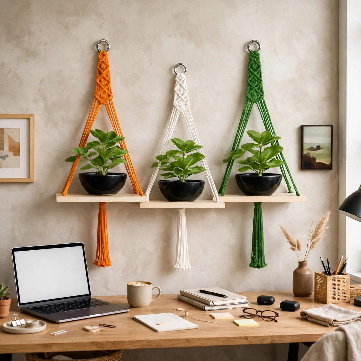 Handmade Macrame Wall Hanging Plant Shelf Pack of 3 | Pine Wood Hanging Shelf with Pure Cotton Rope | Boho Home Decor | 9 x 4 Inch - TuragStudio