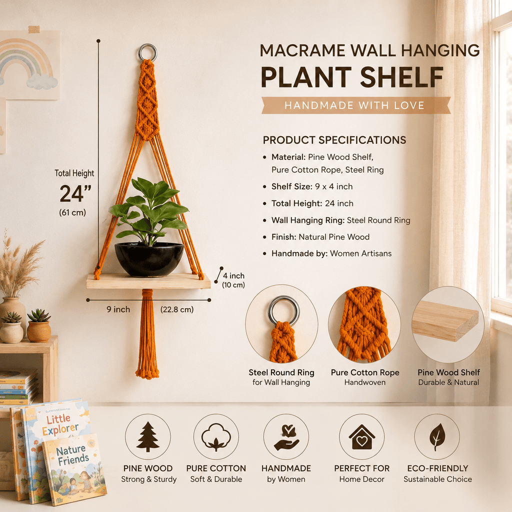 Handmade Macrame Wall Hanging Plant Shelf Pack of 3 | Pine Wood Hanging Shelf with Pure Cotton Rope | Boho Home Decor | 9 x 4 Inch - TuragStudio