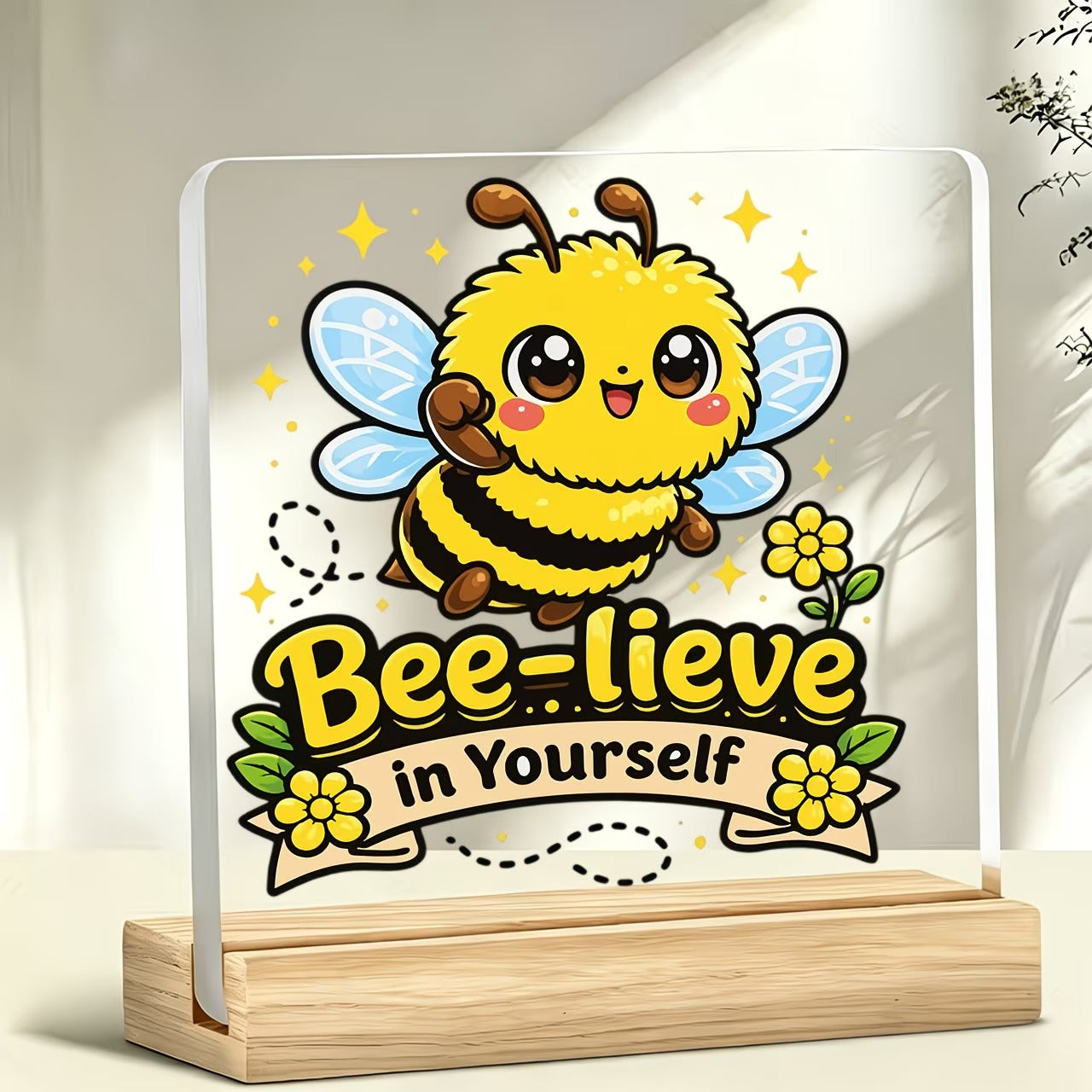 Bee-lieve in Yourself acrylic desk plaque on desk styled shot