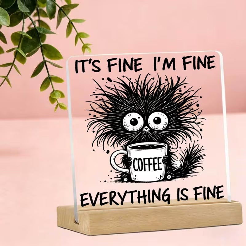 It's Fine I'm Fine Everything Is Fine – Funny Coffee Cat Acrylic Desk Plaque | Office Desk Table Decor