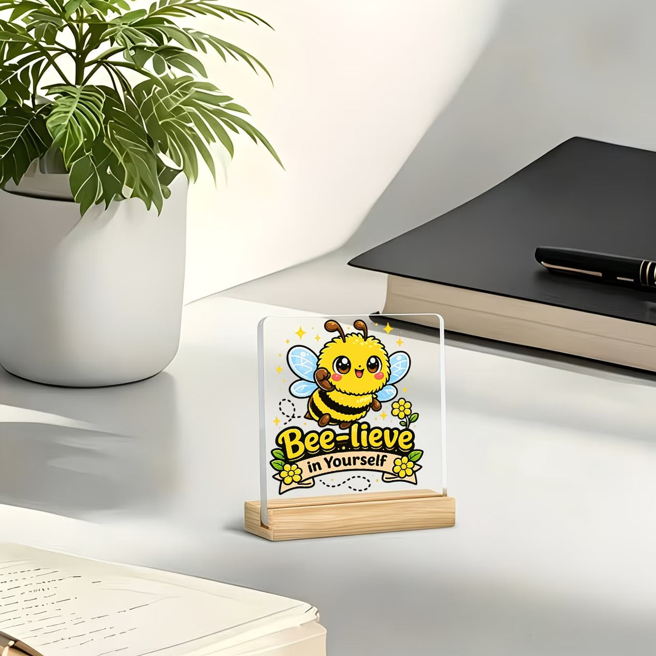 Bee-lieve in Yourself acrylic plaque wooden base detail