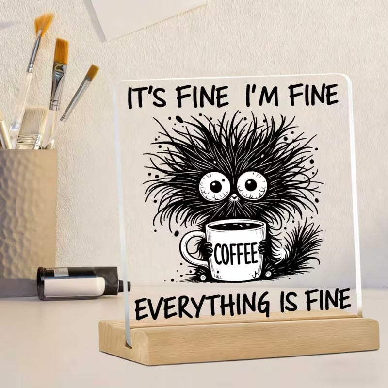 It's Fine I'm Fine Everything Is Fine – Funny Coffee Cat Acrylic Desk Plaque | Office Desk Table Decor