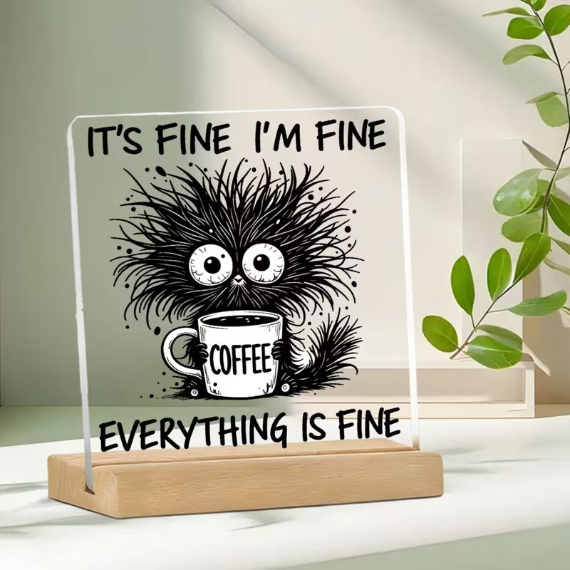It's Fine I'm Fine Everything Is Fine – Funny Coffee Cat Acrylic Desk Plaque | Office Desk Table Decor