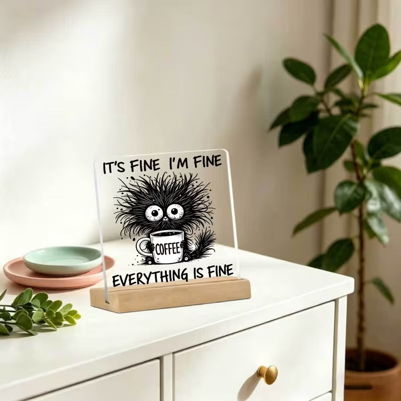 It's Fine I'm Fine Everything Is Fine – Funny Coffee Cat Acrylic Desk Plaque | Office Desk Table Decor