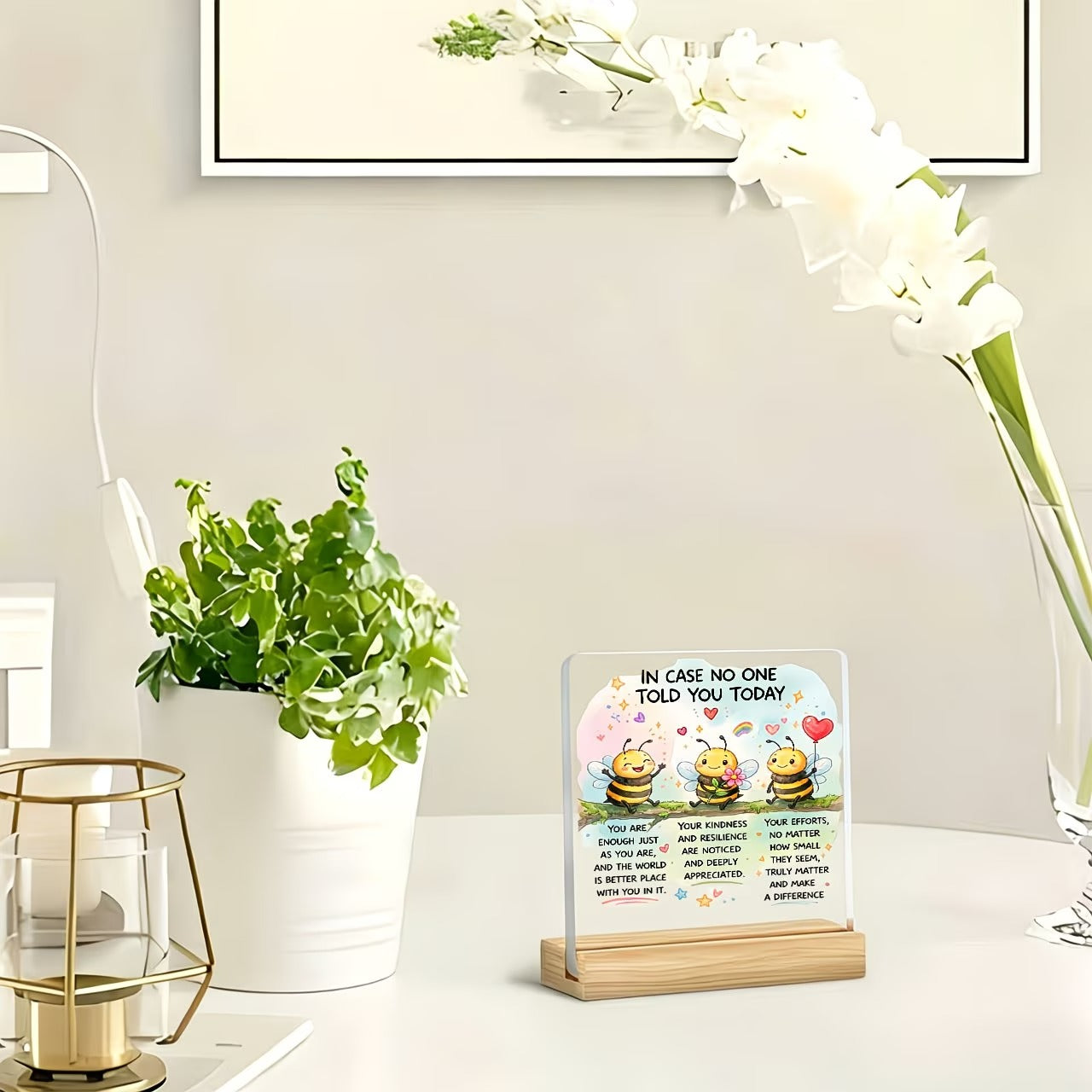 Cute bee trio motivational acrylic plaque styled shot