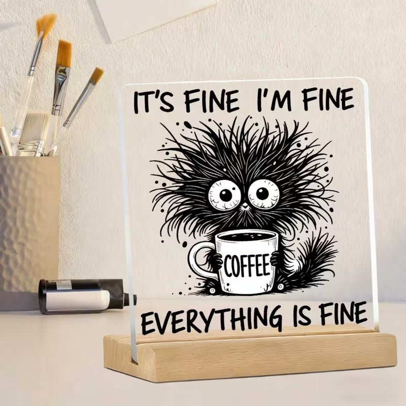 It's Fine I'm Fine Everything Is Fine – Funny Coffee Cat Acrylic Desk Plaque | Office Desk Table Decor - TuragStudio