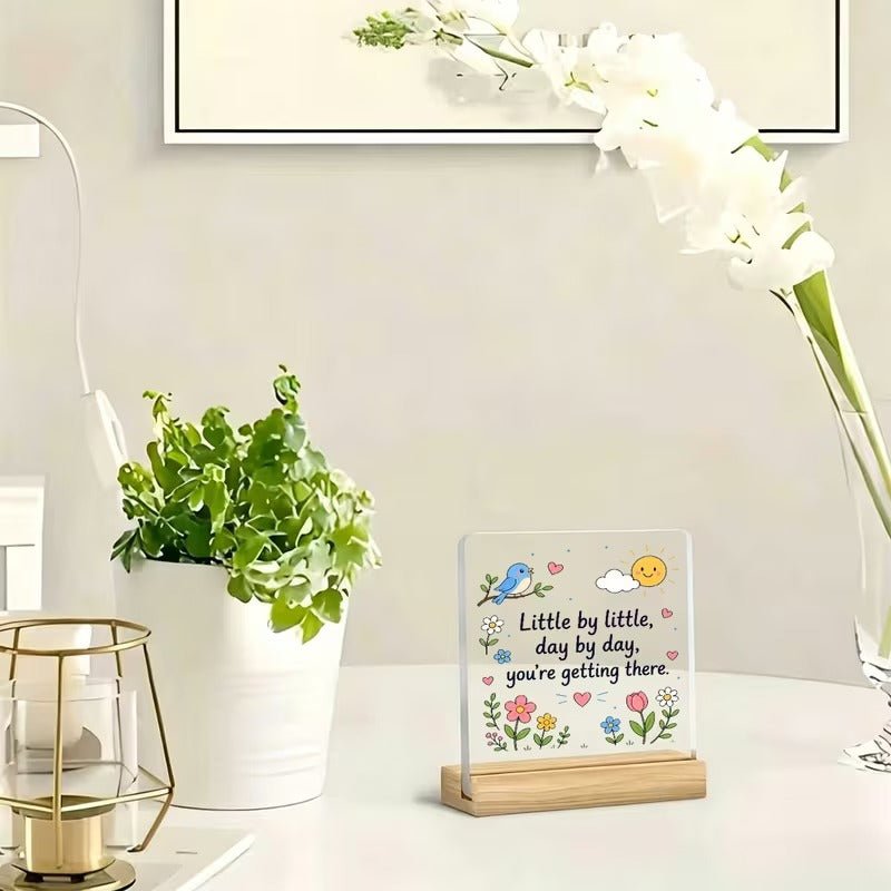 Little By Little, Day By Day – Encouraging Bird &amp; Flower Acrylic Sign - TuragStudio