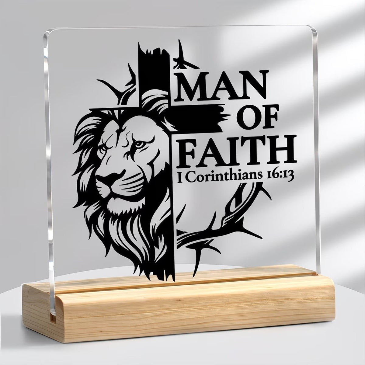 Man Of Faith Lion Cross Acrylic Desk Plaque – 1 Corinthians 16:13 Christian Gift - TuragStudio