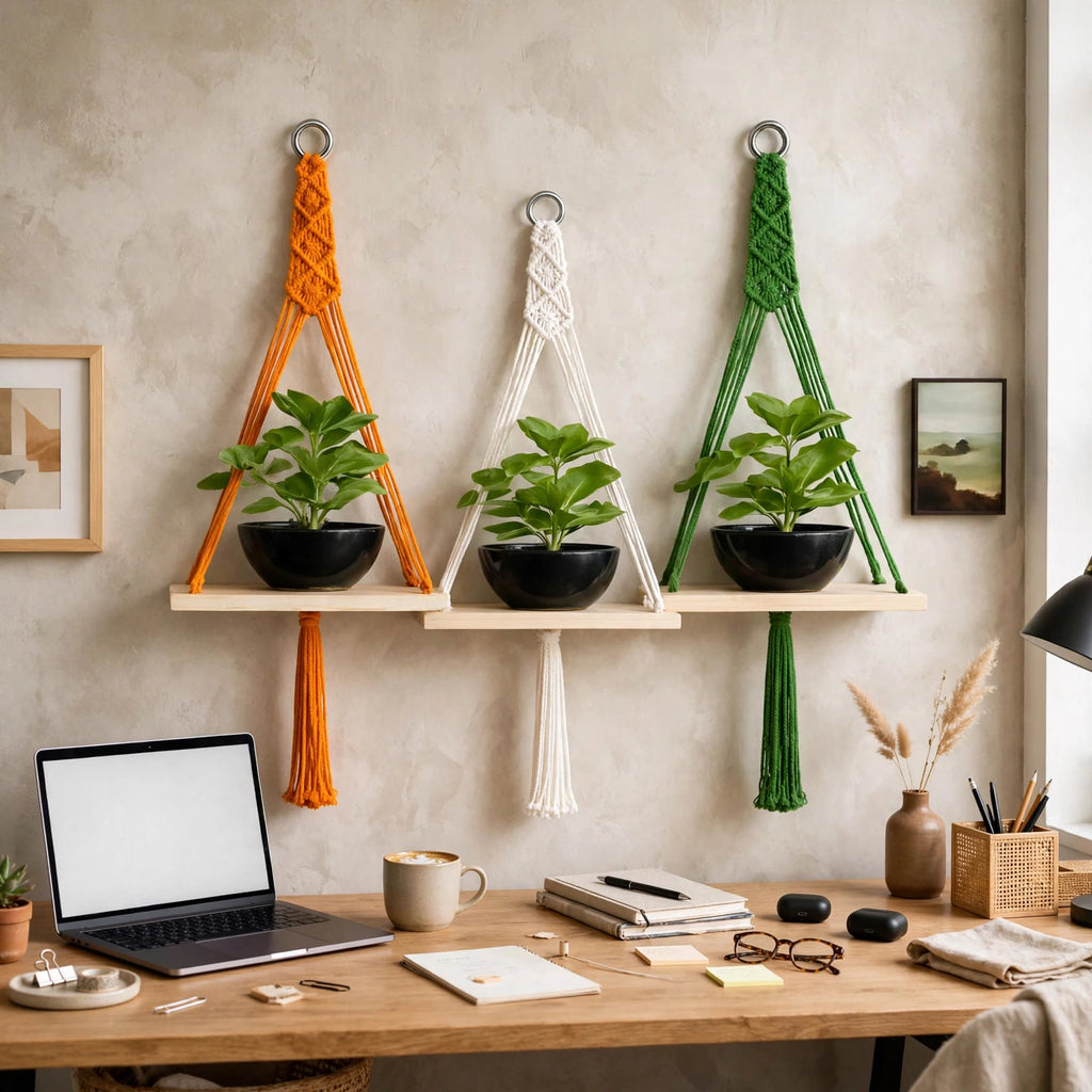 Handmade Macrame Wall Hanging Plant Shelf Pack of 3 | Pine Wood Hanging Shelf with Pure Cotton Rope | Boho Home Decor | 9 x 4 Inch