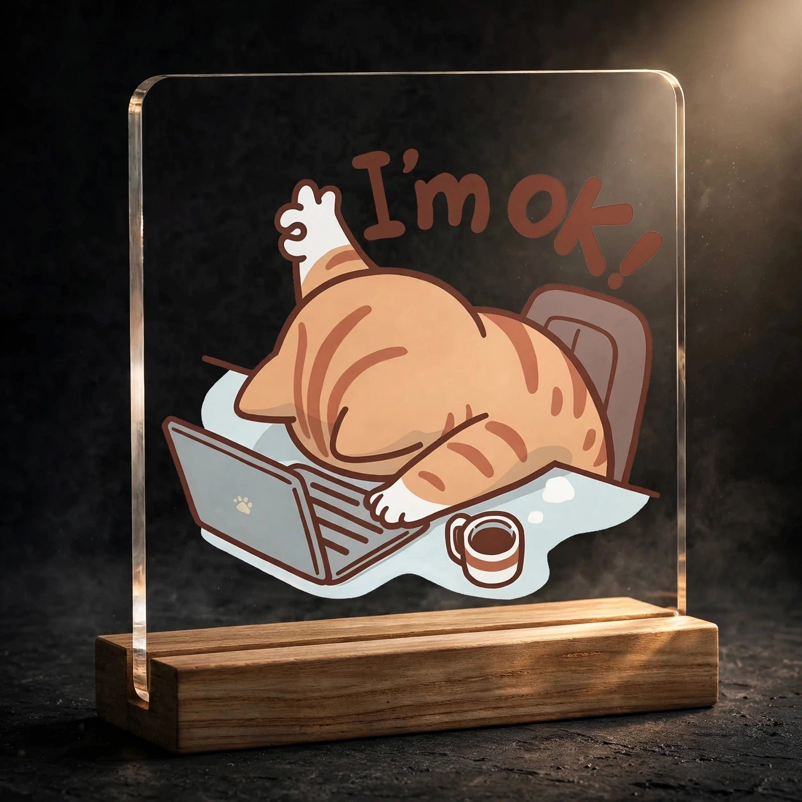 Funny 'I'm OK!' Cat Acrylic Desk Plaque – Wood Stand Showpiece